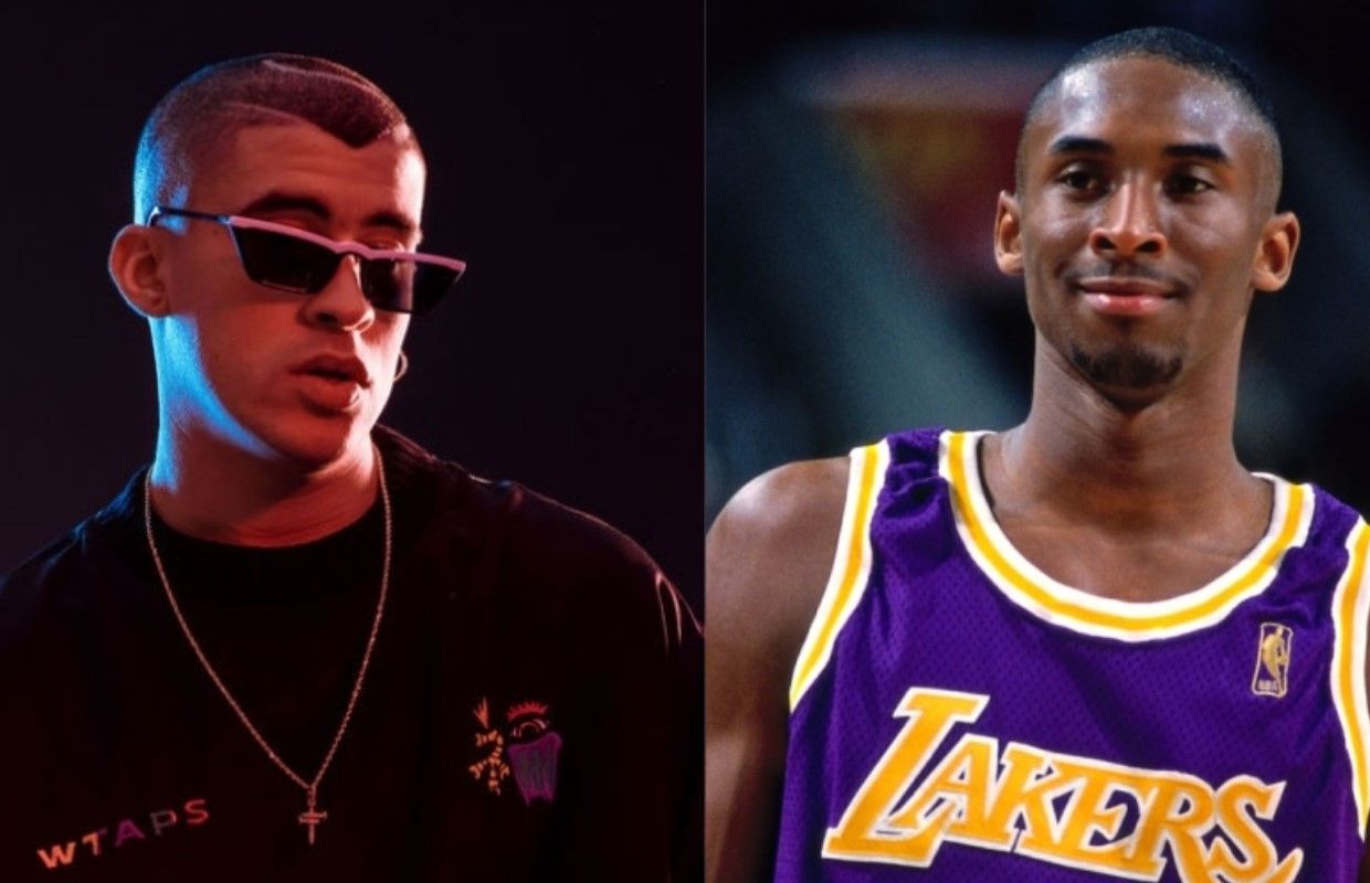 Bad Bunny con el outfit de Púrpura y Oro y la jersey de Kobe en el