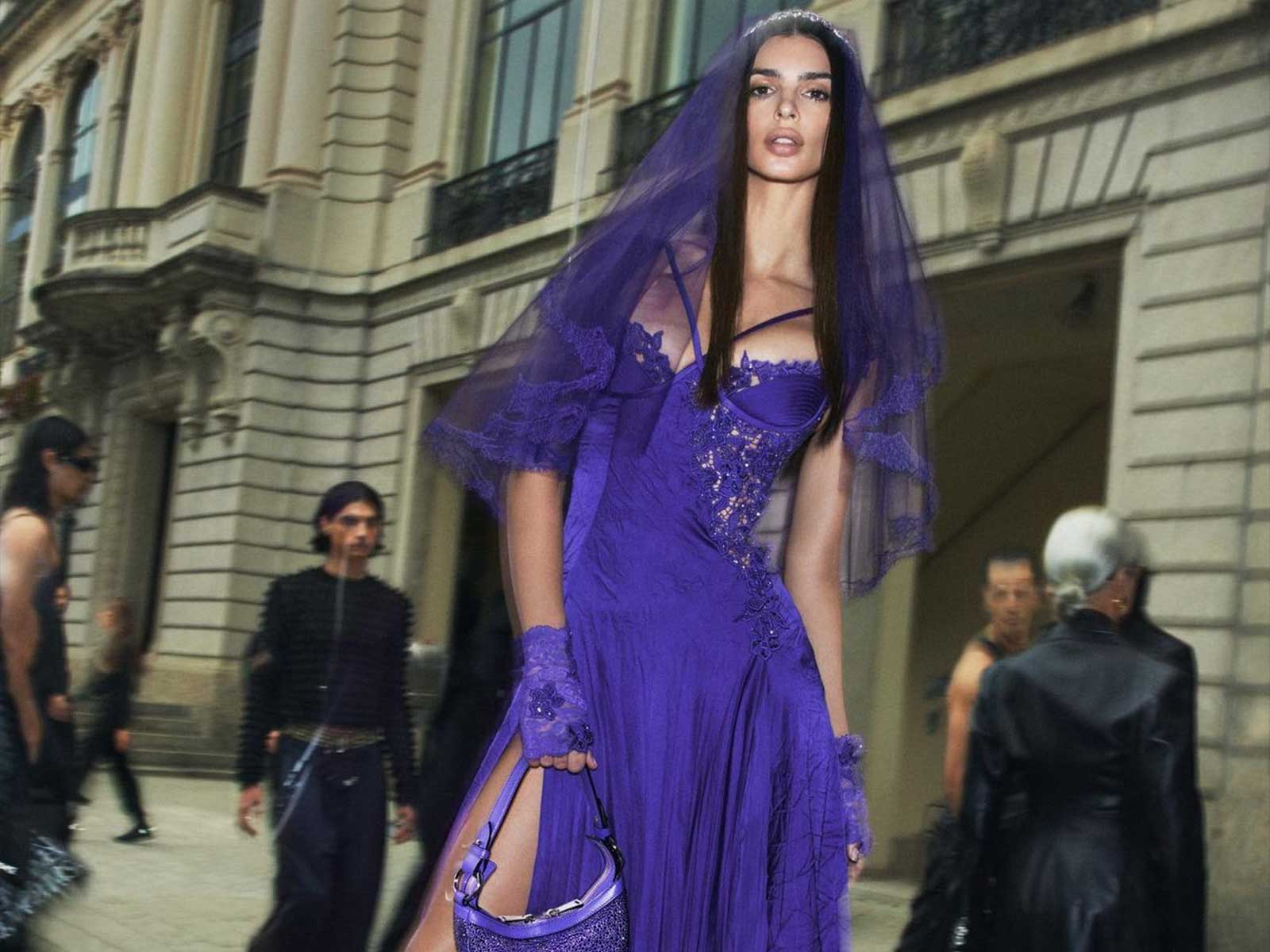 Emily Ratajkowski becomes a gothic goddess for Versace’s SS23 campaign