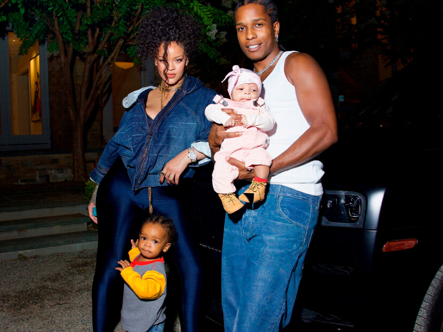 Rihanna and A$AP Rocky pose for the first time with their two kids RZA and Riot Rose