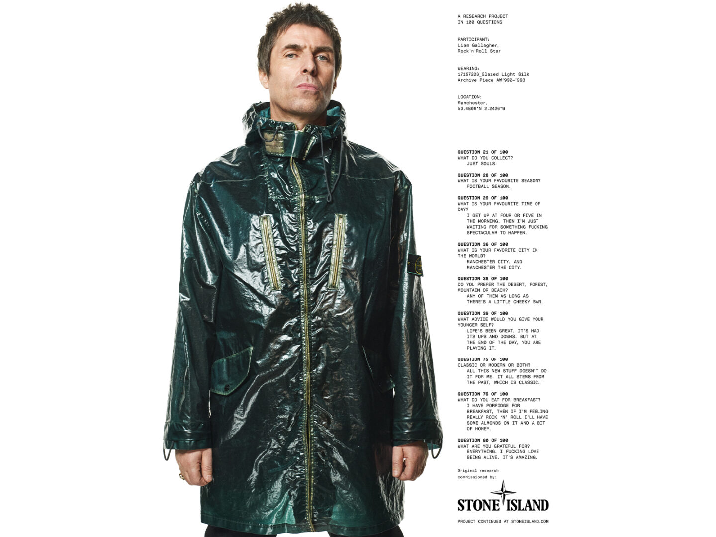 Liam Gallagher sheathed in Stone Island’s legendary Glazed Silk Light